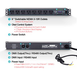 Pknight 8-Outlet Smart PDU DMX Relay - Programmable Power Sequencer with DMX512 Control, RS485 Remote, Rack-Mount 20A Power Distribution Unit for Home & Studio