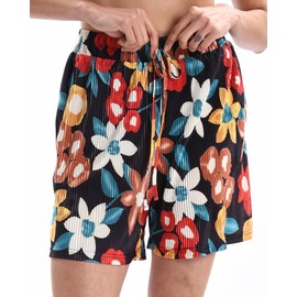 Xintianji Women's Pleated Vertical Striped Shorts with Decorative Straps and Side Pockets