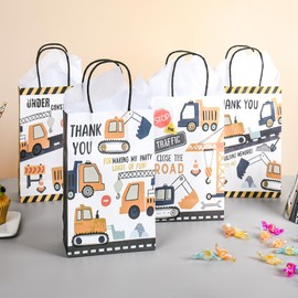 DjinnGlory 36 Pack Construction Themed Party Favor Goodie Bags with Handles (Yellow, Black) and 36 White Tissue Paper for Boys Birthday Parties, 9x5.5x3.15 Inch