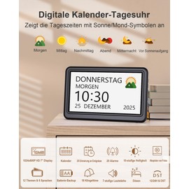 Digital Calendar, Electronic Day Date Alarm Clock, Digital Clock with 20 Custom Reminders, 20 Alarm Clocks, 12 Themes, 10 Level Dimmer, 7 Inches, Dementia Clock for Seniors