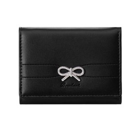Sunwel Fashion Wallets Girls Cute Coquette Bow Small Wallet Aesthetic Card Holder ID Window Purse for Women (SILVER BOW BLACK)