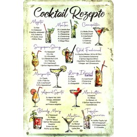 Geschenkeparadies 24 Decorative Tin Sign 20 x 30 cm Cocktail Recipes Mojito Mai Thai Aperol Pina Colada Swimming Pool Cola