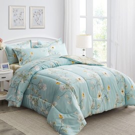 Joyreap 7 Piece Bed in a Bag King, Aqua Floral Elegant Design, Smooth Soft Microfiber Comforter Set (1 Comforter, 2 Pillow Shams, 1 Flat Sheet, 1 Fitted Sheet, 2 Pillowcases)