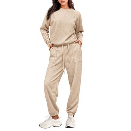 PRETTYGARDEN Women's 2 Piece Tracksuit Outfits Casual Long Sleeve Top High Waisted Sweatpants Lounge Jogger Set (Beige,X-Large)