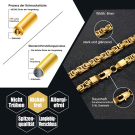 VEXXS Men's Chain 4/6 mm, 18K Gold Coated Stainless Steel Byzantine Gold Chain for Men, Women, Girls, Men, Boys, Hip Hop Jewellery Gift, 45–65 cm, Gold