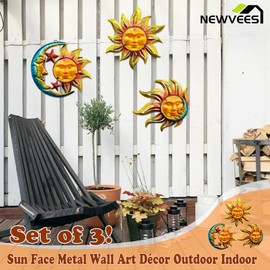 NewVees - Decoración de pared de metal con cara de sol, para interiores y exteriores, estrella de sol, luna y vidrio, colgante de metal para jardín, esculturas y estatuas, estatuas, arte de pared para
