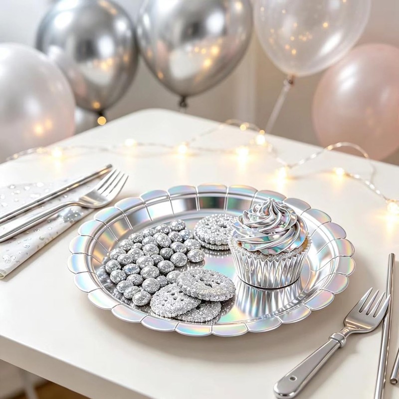 50 Pack Silver Scalloped 7 Inch Paper Plates, Disposable Flower