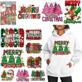 12 hojas de parches de Navidad para planchar, vinilo de transferencia de calor, calcomanía de calor para ropa, chaquetas de vaquero, diseño de feliz Navidad, calcomanías lavables para decoración de