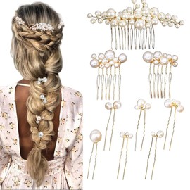 CHarmeFleur 9 Piece Golden Wedding Bridal Hair Combs Pearl Hairpins Clips Vintage Hair Headwear Accessories For Bridesmaids Brides Flower Girls