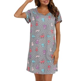 Women Short Sleeve Nightdress Soft Nightdress for Sleepwear, Grey Cat, L