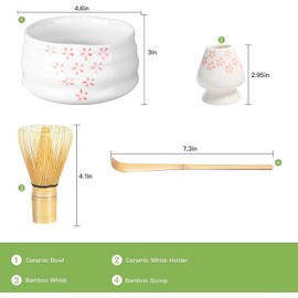 Matcha Whisk Tea Set,Tinyso 4pcs Japanese Tea Set,Traditional Scoop,Matcha Bowl,Ceramic Whisk Holder,Traditional Matcha Tea Making Tools Matcha Ceremony Accessory for Japanese Matcha Tea (Sakura)