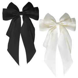 Black White Hair Bow for Women Girls Black Large Hair Clips for Girls Women Cute Bow Hair Accessories for Girls Teenagers Big Hair Slides for Women Girls White Hair Bow with Long Tail 2pcs