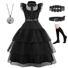 bluaqua Wendsday Costume Kids Wednesday Dress Girls Wednesday Costume with Necklace, Bag, Socks for Girls from 4-13 Years