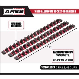 ARES 70204-3-Piece Aluminum Socket Organizer - 1/4-Inch, 3/8-Inch, and 1/2-Inch Drive Socket Rails Hold 48 Sockets and Keep Your Tool Box Organized