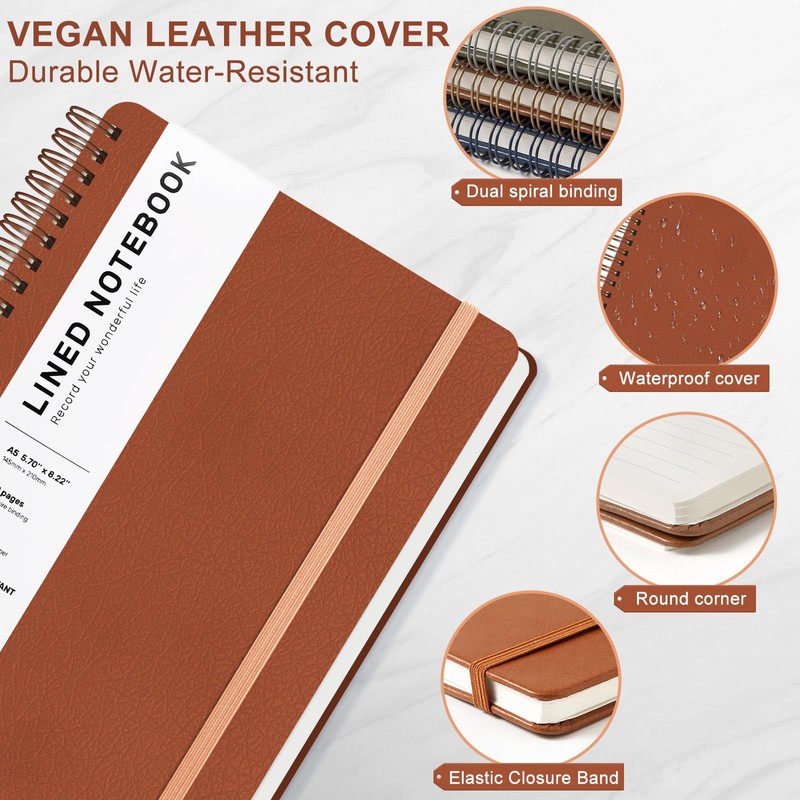 Lined Spiral Journal Notebook, A5 Hardcover Leather Notebook for Work,