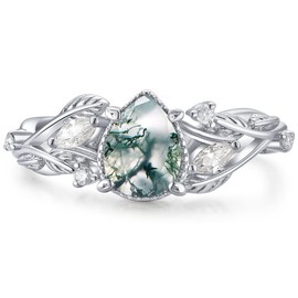 ZLAEBL 1CT Natural Moss Agate Ring 925 Sterling Silver Teardrop Green Engagement Rings for Women Twisted Leaf Promise Ring Wedding Jewelry Gift for Her, Base, Moissanite