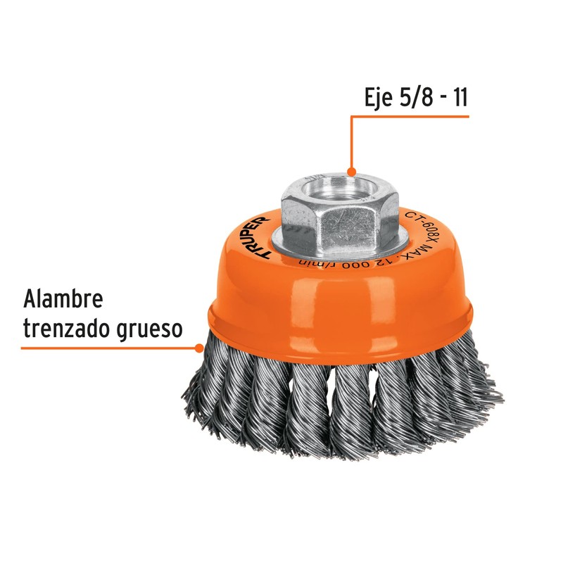 Truper CT-608X, Carda copa, alambre trenzado grueso, 3x5/8", para esmeril