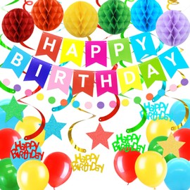 Birthday Decorations, NO DIY, Pre-Strung Happy Birthday Banner with Honeycomb Balls, Hanging Swirls Streamers, Circle Dots Garland, Happy Birthday Party Decorations for Women Men Boys Girls(Rainbow)