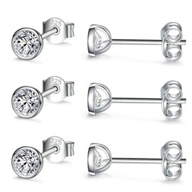 CERSLIMO Silver Stud Earrings for Women Men Girls, 3 Pairs Sterling Silver Tiny Round Stud Earrings Small Dainty Cartilage Tragus Cubic Zirconia Earrings Set (4mm, Silver)