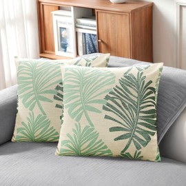 Fycyko Cushion Covers 45x45 cm Pack of 2 Decorative Throw Pillow Covers Square Pillow cases Tropic Leaf Pattern Soft Pillowcase for Home Spring decor Sofa Couch Living Room Bed 18x18 Inch, Green C