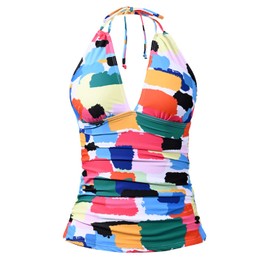 Yonique - Tankini con cuello en V para mujer, sin parte inferior, con control de abdomen, Juego de colores, L