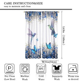 XBDDZSW Hummingbird Flower Watercolor Spring Garden Theme Blue Flowers Butterfly Hummingbird Pattern Printed Curtains for Bedroom and Living Room - W42 * L63 Inches