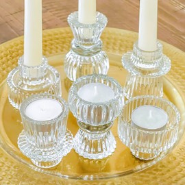 Kate Aspen Dual Sided Vintage Ribbed Glass Clear Candlestick Holders, Pillar Candle, Reversible Tealight & Votive Candle Holders (Set of 6, 3 Sizes), Dining Table Decor, Shelf Decor, Centerpiece