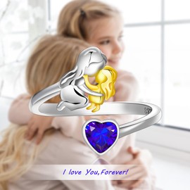 Shysnow September Sapphire Birthstone Mother Daughter Ring 925 Sterling Silver Mother’s Mom Heart Birth Stone Adjustable Rings Birthday Mother's Day Jewelry for Moms Grandmother Grandma Wife