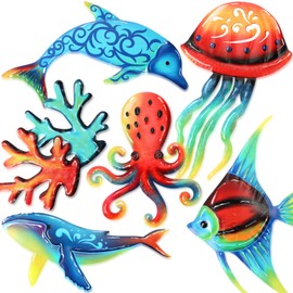 Lounsweer 6 Pcs Metal Beach Wall Sculptures Outdoor Metal Sea Jellyfish, Octopus, Dolphins, Whales, Angel Fish, Corals Wall Art Decoration for Patio Pool Bathroom Yard Farmhouse Fence Deck