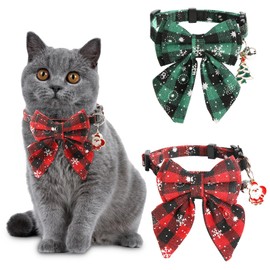 2pcs Christmas Cat Collar, Christmas Breakaway Cat Collars Cute Cat Collar with Bow Tie Festive Cat Collar with Bells Removable for Cats Pets (Red, Green)
