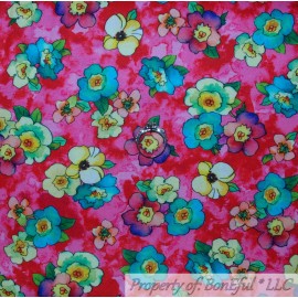 Quilting Treasures BonEful Fabric FQ Cotton Quilt Pink Rainbow Flower Water Color Blossom Bloom USA