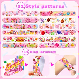 74 PCS Candyland Party Favors 50PCS Candyland Stickers 24PCS Sweet Candy Slap Bracelets Candyland Party Decorations Colorful Lollipop Candy Birthday Decorations for School Rewards Prizes Christmas