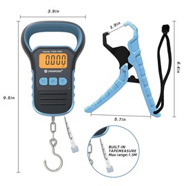 UNIWEIGH Digital Fishing Scale with Lip Gripper,Tape and Ruler,110lb/50kg Postal Hanging Luggage Scale with Hook，Waterproof Handing Scale for Home and Outdoor