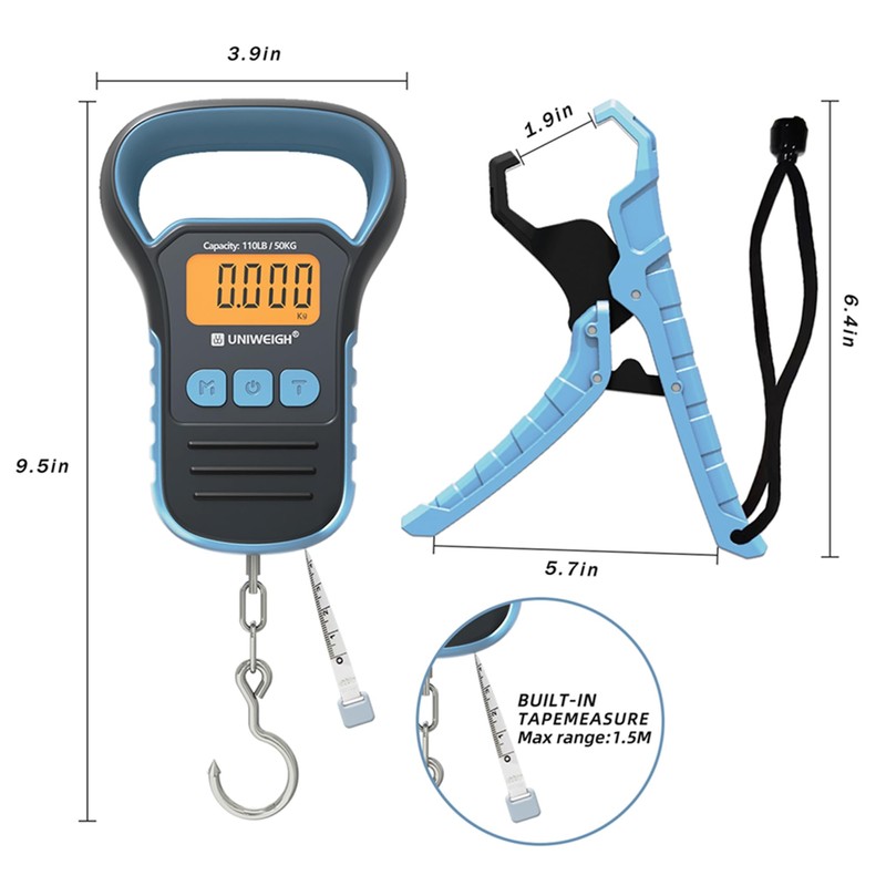 UNIWEIGH Digital Fishing Scale with Lip Gripper,Tape and Ruler,110lb/50kg Postal