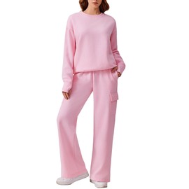 PINSPARK Womens Sweatsuits 2 Piece Set 2024 Fall Fashion Oversized Lounge Sets Fleece Crewneck Sweatshirts Wide Leg Cargo Sweatpants with Pockets Cozy Tracksuits Loose Travel Outfits, Pink Medium