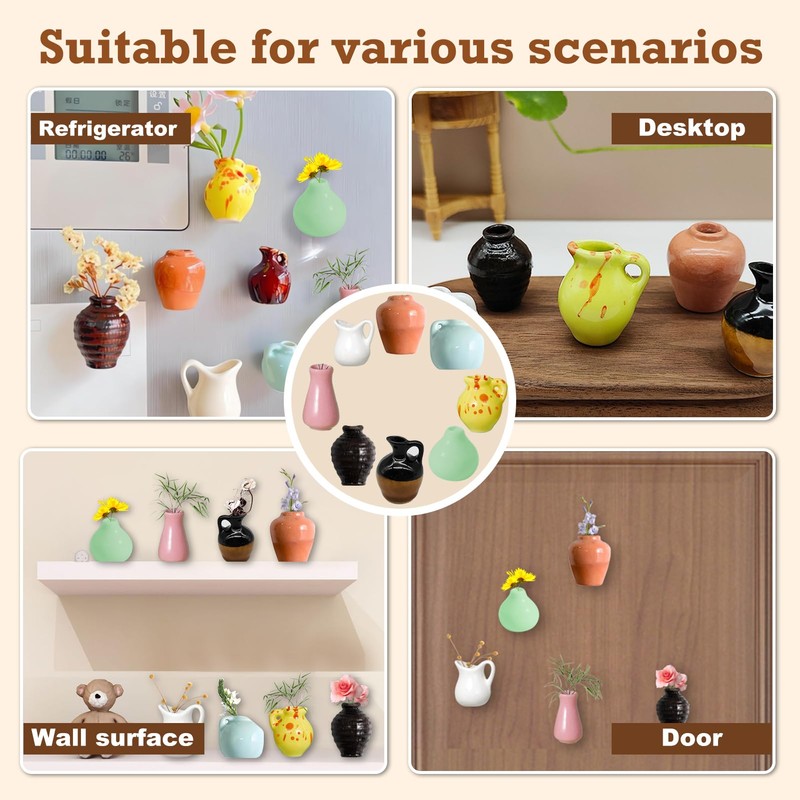 Pack of 8 Mini Ceramic Vase Magnets Fridge Cute Mini