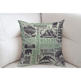 Mugod Camping Cushion Cover Throw Pillow Covers Retro Styled Mountain with Animal and Quotes Outdoor Adventures Pillow Case for Men Women Decorative Home Sofa Chair Couch 45x45cm/18x18 Inch