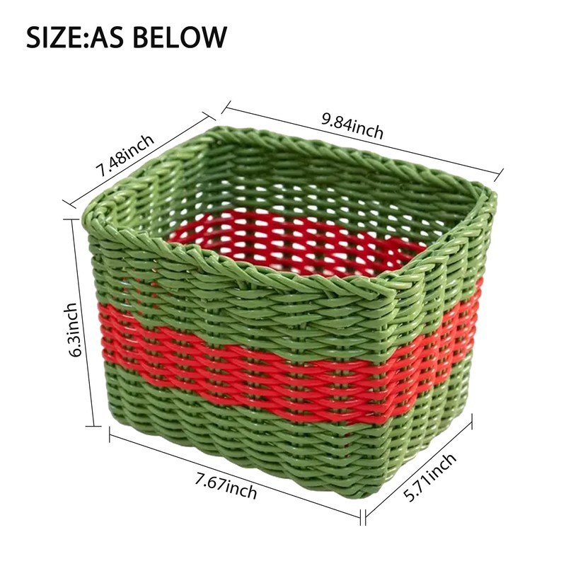HODAKJUE Handwoven Plastic Wicker Storage Basket, Waterproof Red Green Stripe