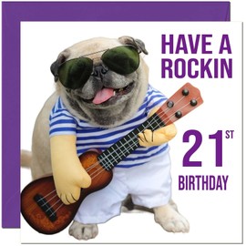 21st Birthday Card - Rock n Roll Pug Dog Funny Birthday Card for 21 Year old twenty one, twenty first