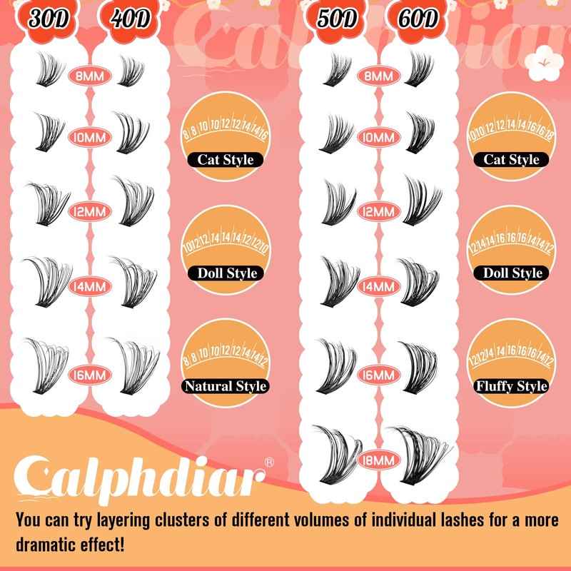 calphdiar Cluster Lashes 30D+40D+50D+60D Individual Eyelashes 480PCS Wispy Lashes Individual