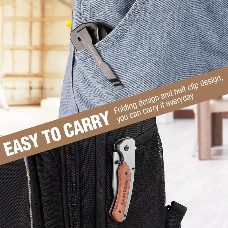 WORKPRO Folding Utility Knife & EDC Pocket Knife Wood Handle