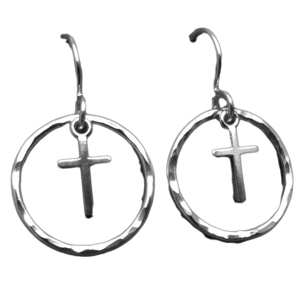1" Lightweight Cross Charm Dangle Hammered Argentium Sterling Silver Hoop
