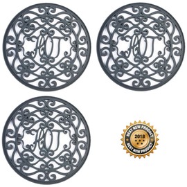 Silicone Trivet for Hot Dishes, Pots & Pans - Decorative Non Slip Mat 'Hot Ironworks' Design Gives a Rustic Charm Protective Pads for Kitchen Counter (7.5 in Round, 3-Set, Dark Gray)