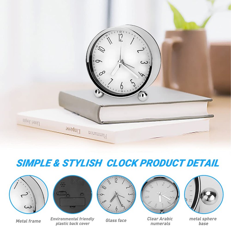 Welltop Analog Alarm Clock, 4 inch Super Silent Non Ticking