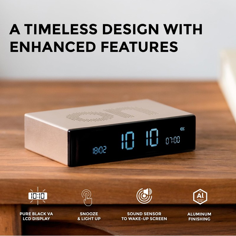 LEXON Flip Premium LCD Alarm Clock, Black, USB-Type C Charging,