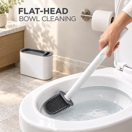 Flat Head Toilet Brush with Wall-Mounted Holder – Flexible Bathroom Bowl Cleaning Brush Set in Dark Grey