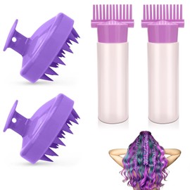 VireEyU Set of 4 Hair Oil Applicator with Hair Massage Brush Set Applicator Bottle and Head Massage Brush, for Colouring and Scalp Care, for Home and Salon Purple