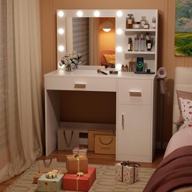 YESHOMY Vanity Desk with Mirror, 10 Lights, Power Outlet and 3 Storage Shelves, Makeup Table with 2 Drawers & 1 Cabinet, 3 Color Modes, for Bedroom, White