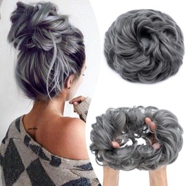 Hairro Messy Hair Bun, Large Messy Bun Hair Piece Curly Wavy Updo Scrunchies 55g Dark Grey Thick Chignon Synthetic Extensions Hairpieces for Women Girls, Dark Grey