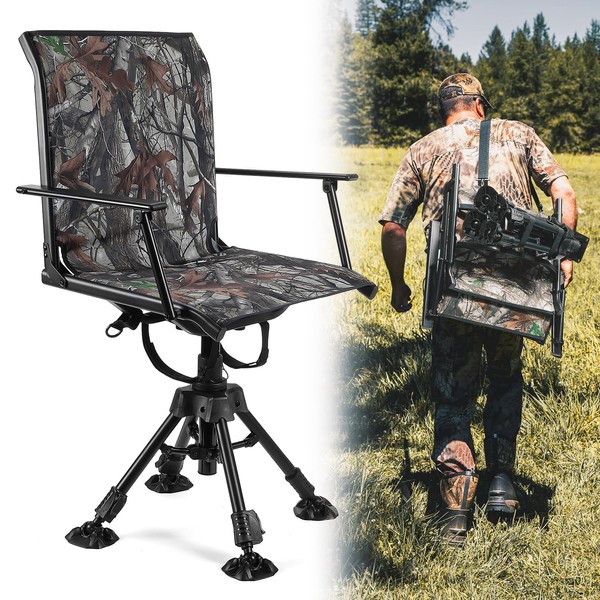 KEMIMOTO 360 Degree Silent Swivel Blind Hunting Chair, Camo Hight Adjustable Quick Folding Portable Comfortable Hunting Fishing Chair